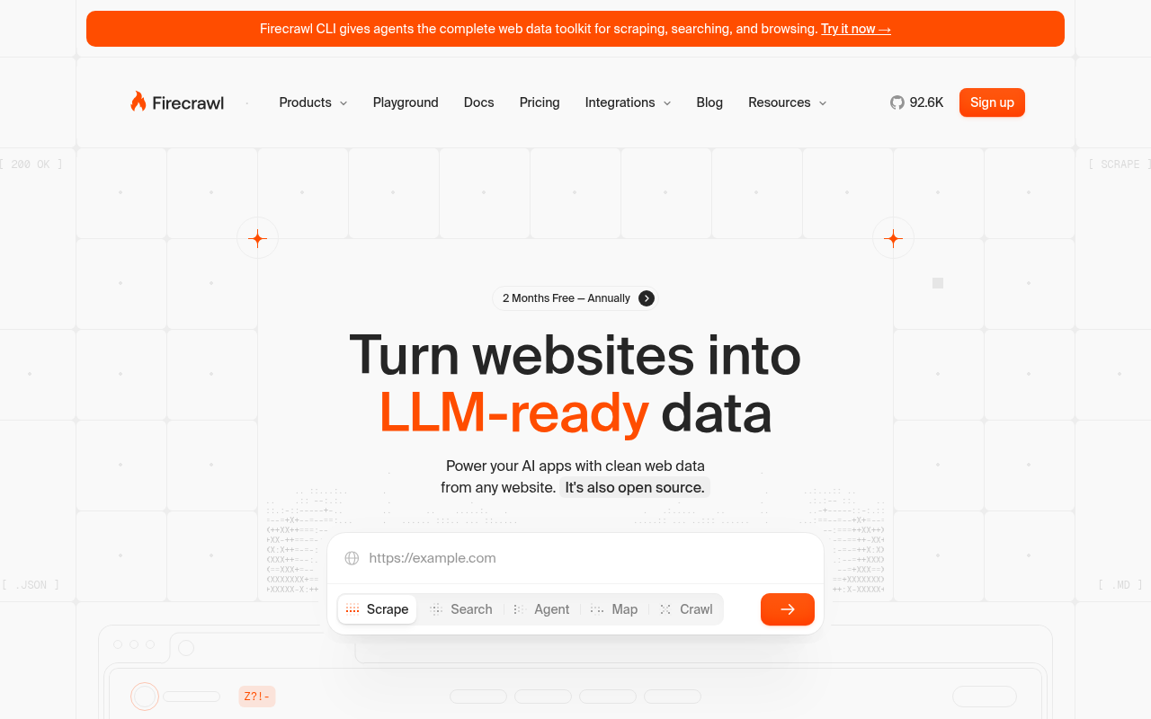 Page d'accueil de Firecrawl, l'API web pour l'IA